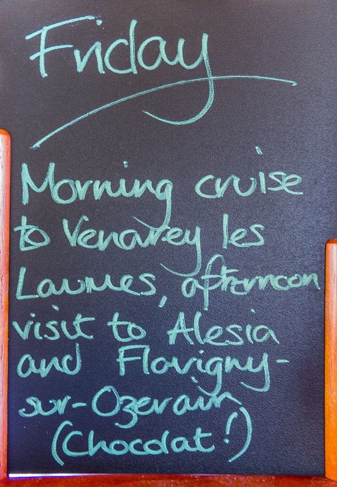 Chalkboard with our daily menu on the luxury barge cruise.