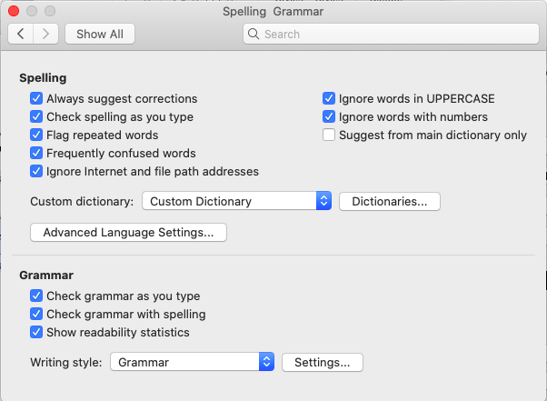 set up preferences to include a grammar check and readability statistics