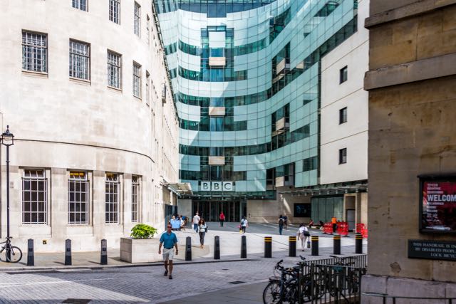 Front entrance of new BBC Headquarters in London, England.