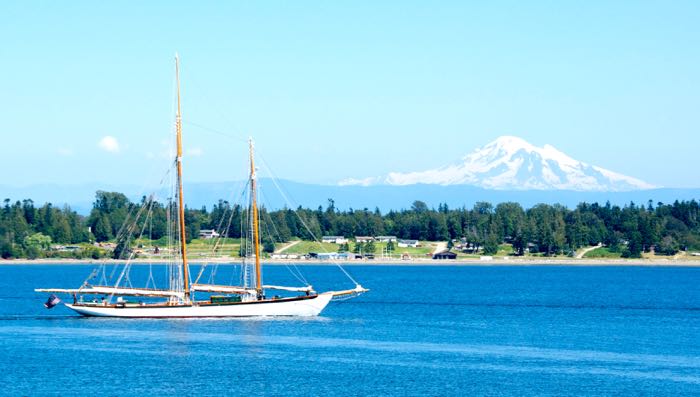 Our wine tour on the Schooner Zodiac with Mt. Rainier in the background Mt Rainier and schooner Zodiac